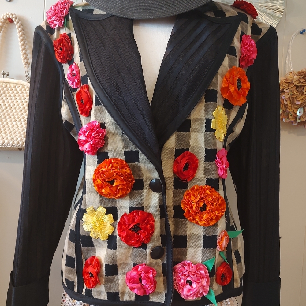 80s Eclectic Floral Embellished Black and White Checkered Blazer SZ Medium